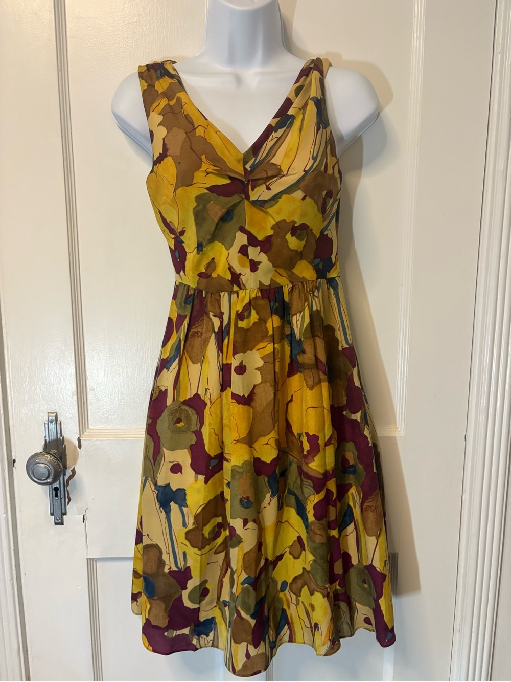 Banana Republic Mustard Floral V-Neck Sleeveless Dress